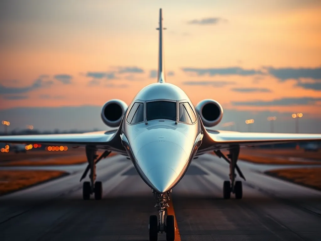 Samolot Concorde na pasie startowym o zachodzie słońca, podkreślone smukłe skrzydła delta i sylwetka naddźwiękowej maszyny