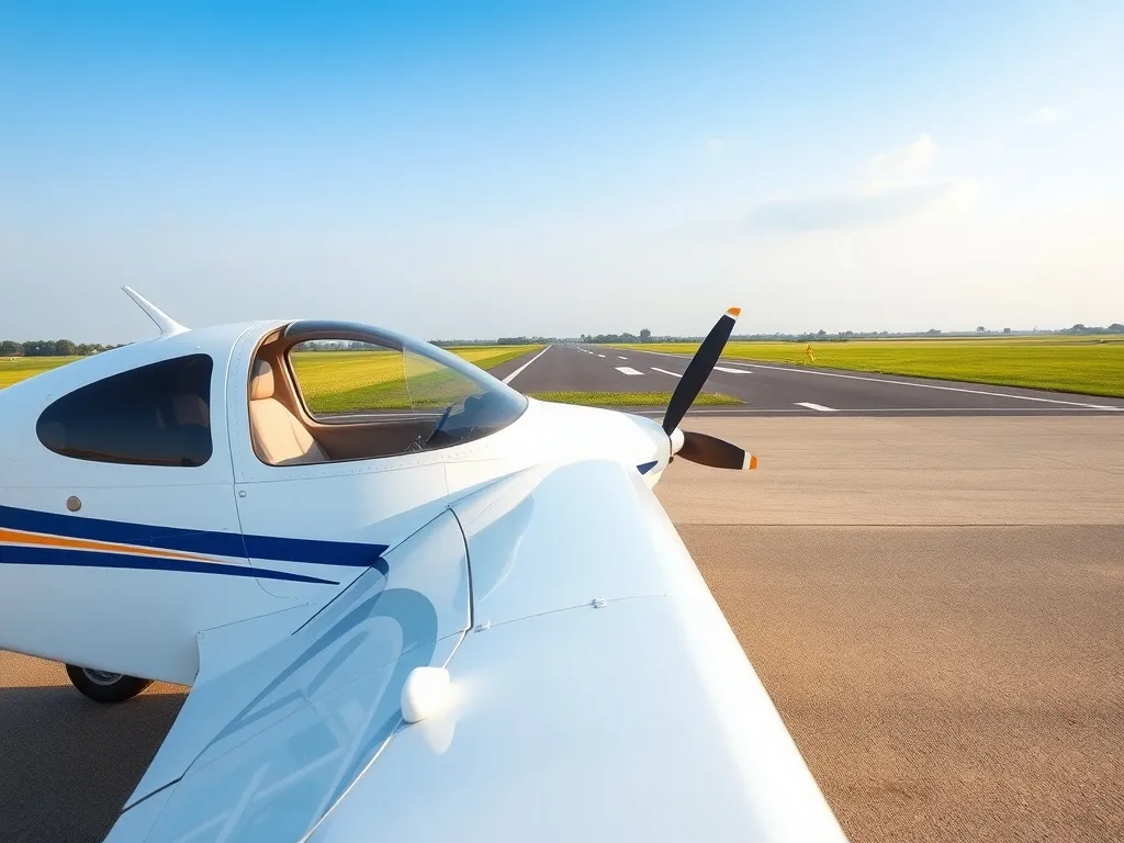 Lekki samolot dwuosobowy na słonecznym lotnisku, prezentujący prostą konstrukcję i kokpit dla przyszłych pilotów.
