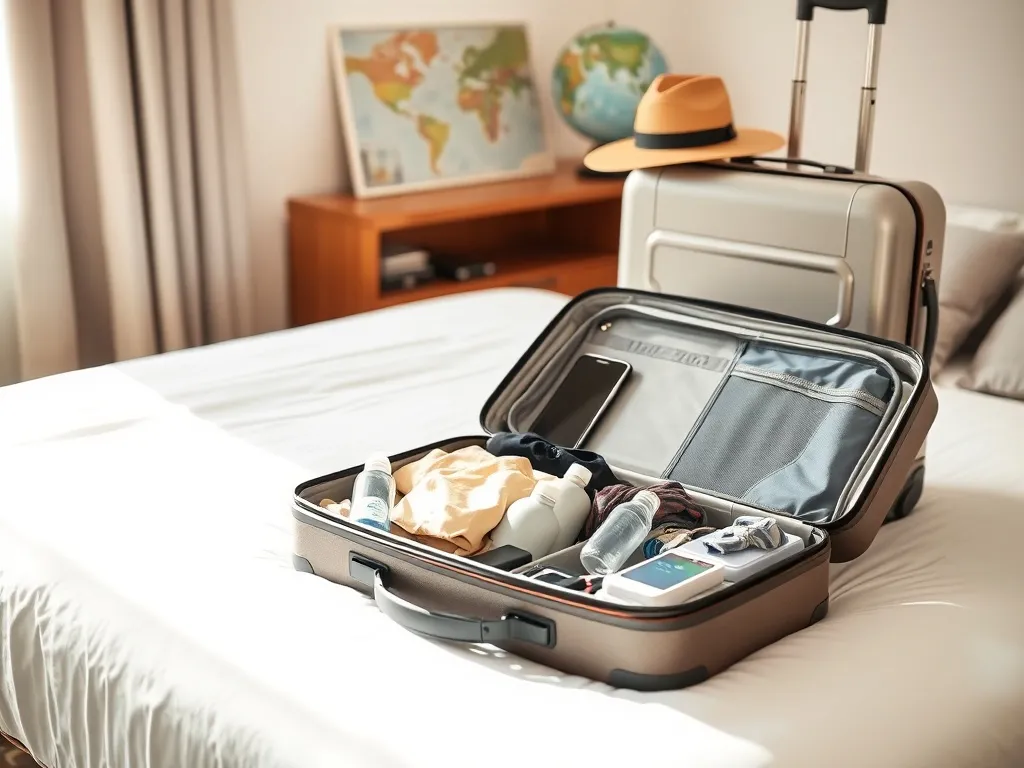 Otwarta walizka z ubraniami i kosmetykami w kubkach podróżnych, w tle większy bagaż rejestrowany z kapeluszem.