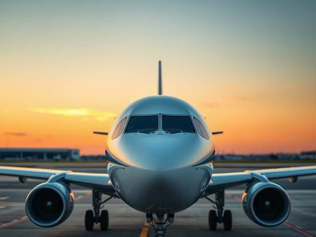 Airbus A320 stojący na płycie lotniska o zachodzie słońca, eksponujący dziób, kokpit, silniki i podwozie