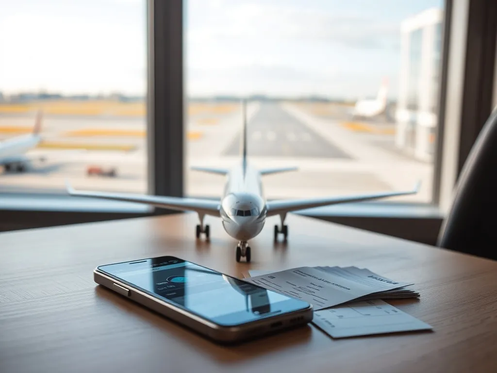 Model samolotu pasażerskiego na biurku obok smartfona z aplikacją podróżniczą i kart pokładowych, w tle widok na lotnisko