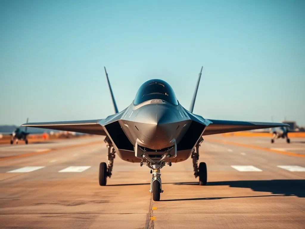 Myśliwiec F-35 na pasie startowym bazy lotniczej w słoneczny dzień, z widocznym kokpitem i podwoziem, gotowy do lotu.