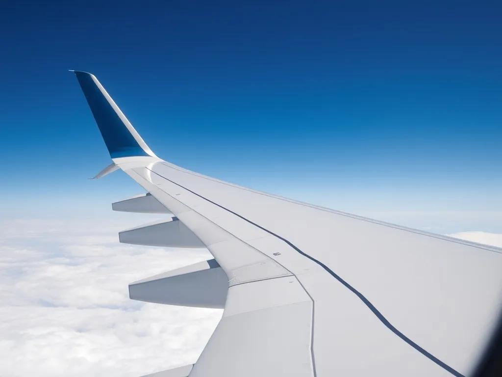 Skrzydło samolotu widziane z okna w locie, nad warstwą chmur, ilustrujące zasadę unoszenia i lotu.