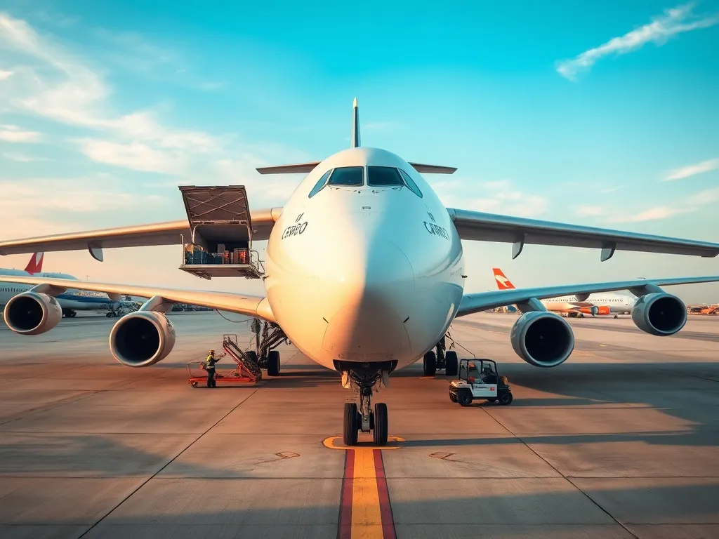Nowoczesny samolot transportowy na płycie lotniska podczas załadunku kontenerów, z obsługą naziemną i czystym niebem w tle