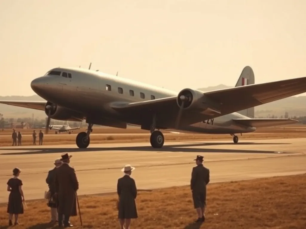 Pierwszy samolot pasażerski na pasie startowym, podziwiany przez ludzi w strojach z lat 20.–30., w nostalgicznej scenerii retro.