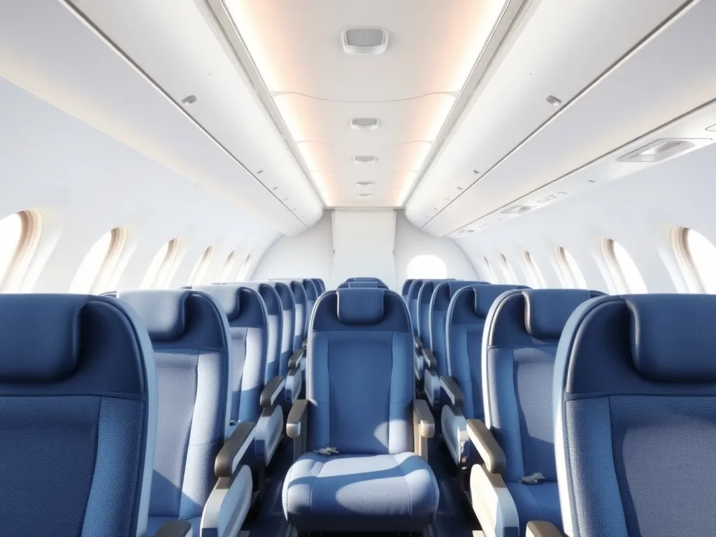Wnętrze kabiny Embraera 175 LOT: jasne, nowoczesne fotele przy oknach, pokazujące komfort i przestrzeń na pokładzie.