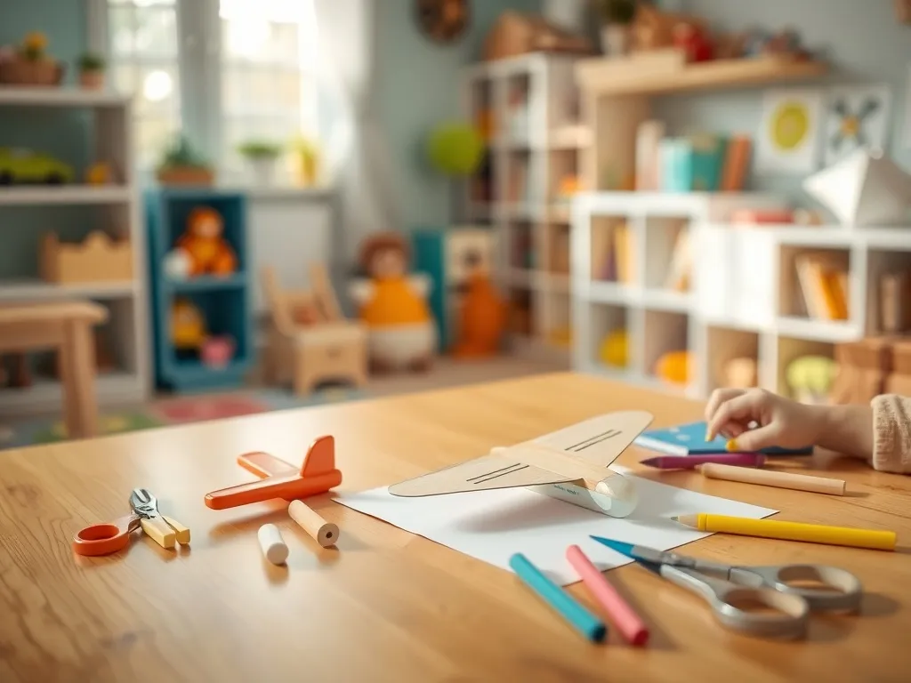 Dziecko składa prosty samolot z papieru i patyczków na kolorowym biurku, wokół rozłożone bezpieczne przybory plastyczne.