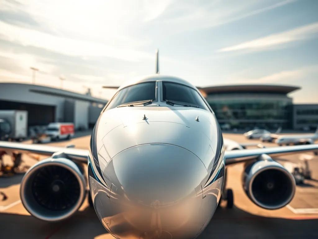 Nowoczesny samolot Embraer przy rękawie lotniskowym, gotowy do lotu, w spokojnej atmosferze podróży