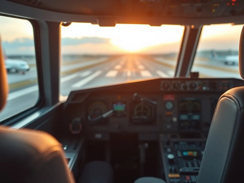 Realistyczny kokpit samolotu podczas lotu symulatorem, widok na pas startowy o zachodzie słońca