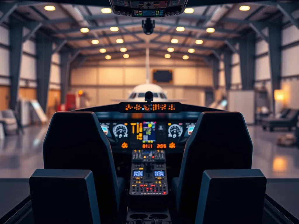 Realistyczny kokpit symulatora lotu we Wrocławiu, podświetlone panele i dwa fotele pilotów, gotowe na wirtualny lot