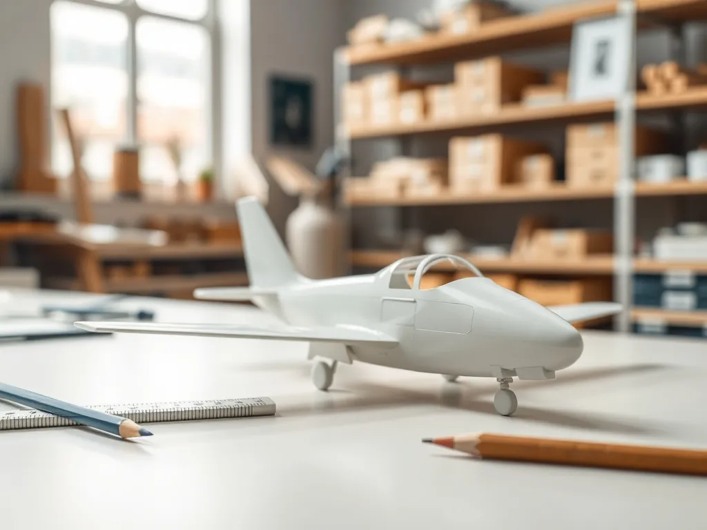 Model małego kadłuba samolotu na stole warsztatowym, obok prostych narzędzi do nauki budowy konstrukcji lotniczych.