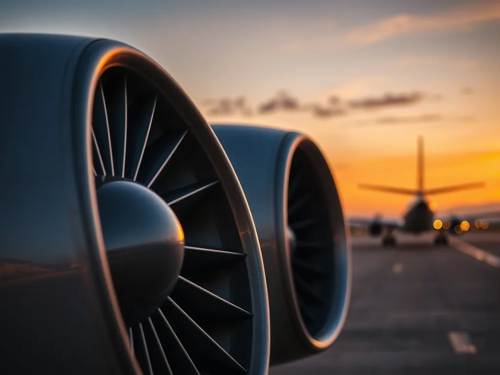 Zbliżenie silnika odrzutowego samolotu pasażerskiego na pasie startowym o zachodzie słońca, widoczne szczegóły turbiny