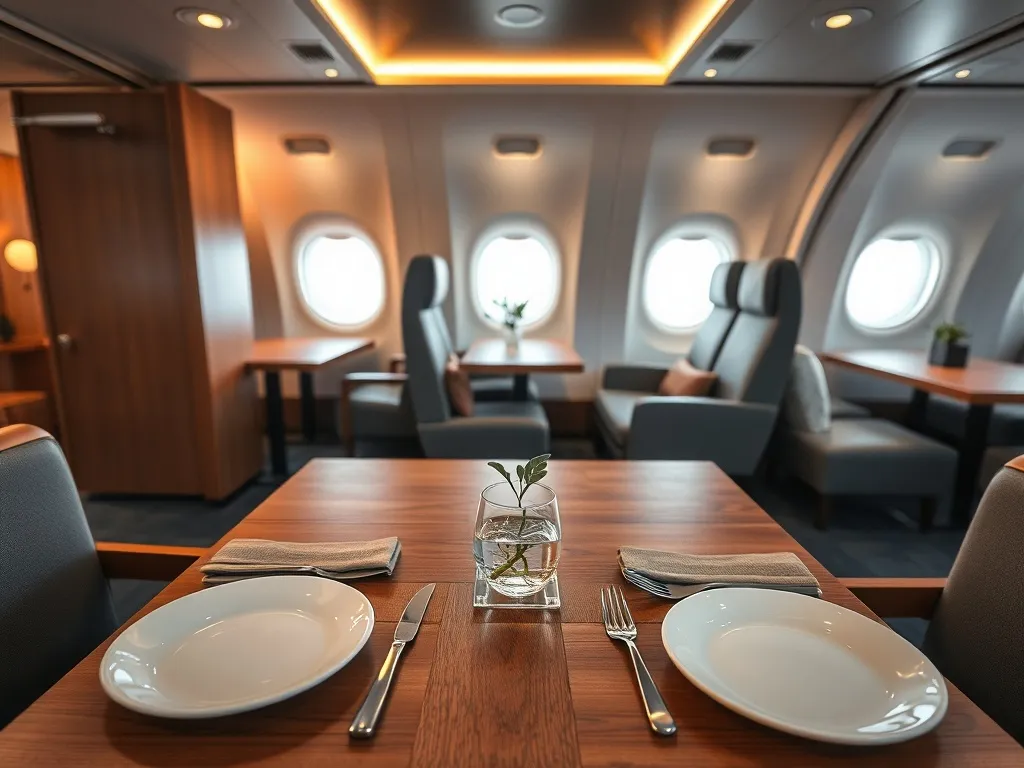 Przytulne wnętrze restauracji w samolocie w Płońsku, jasne, nowoczesne wnętrze z nakrytym stolikiem dla dwóch osób.