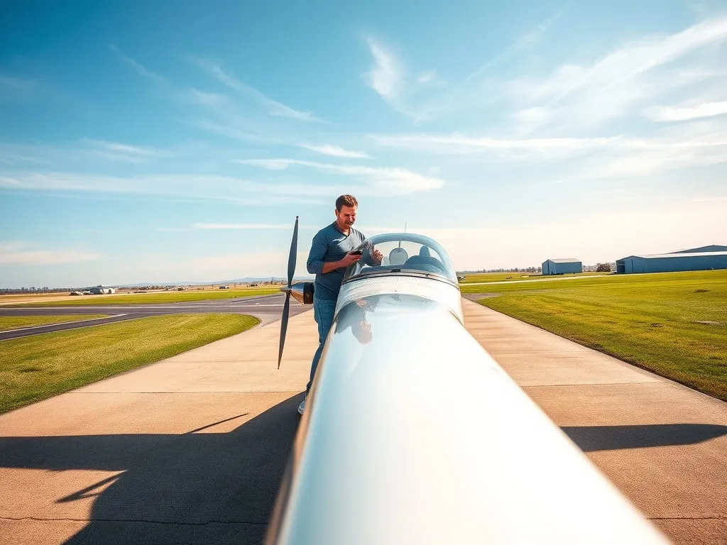 Pilot sprawdza małą awionetkę przed lotem na słonecznym lotnisku, w tle pas startowy i hangary