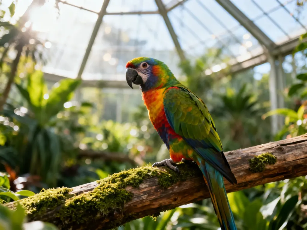 Kolorowa papuga siedząca na gałęzi w otoczeniu bujnej roślinności wrocławskiego zoo.