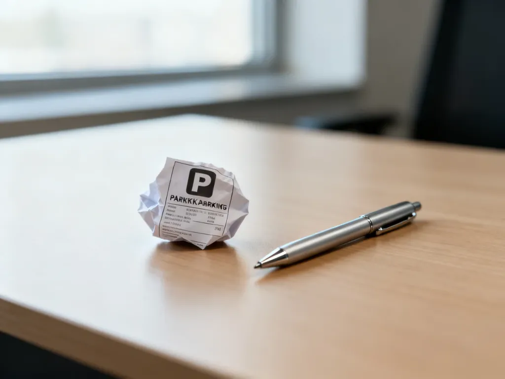 Pognieciony bilet parkingowy i długopis na biurku, symbolizujące proces składania reklamacji za brak opłaty.