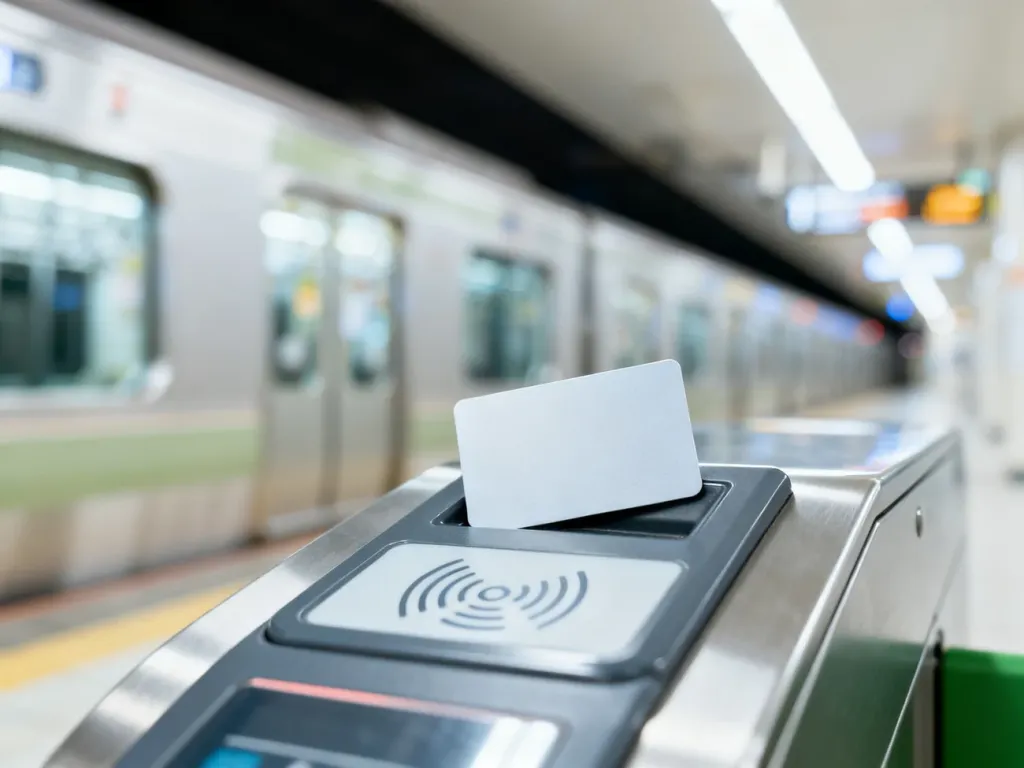 Karta zbliżeniowa przyłożona do czytnika na bramce biletowej w tokijskim metrze.