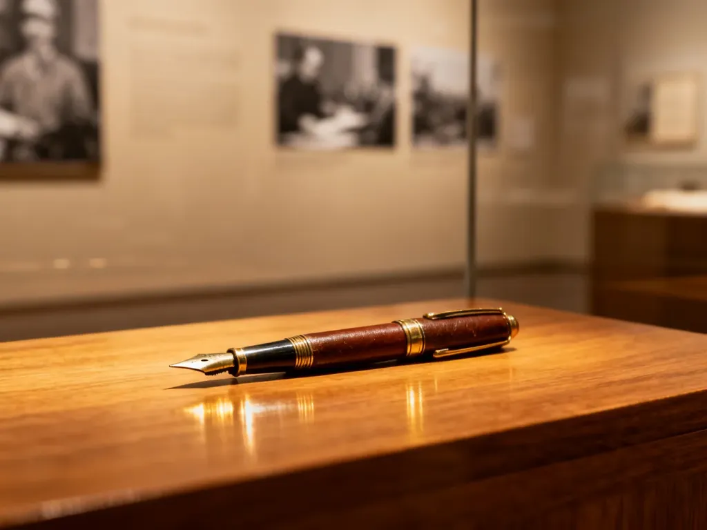 Zabytkowe pióro wieczne na drewnianej gablocie w Muzeum Powstania Warszawskiego, nawiązujące do historycznego klimatu wystawy.