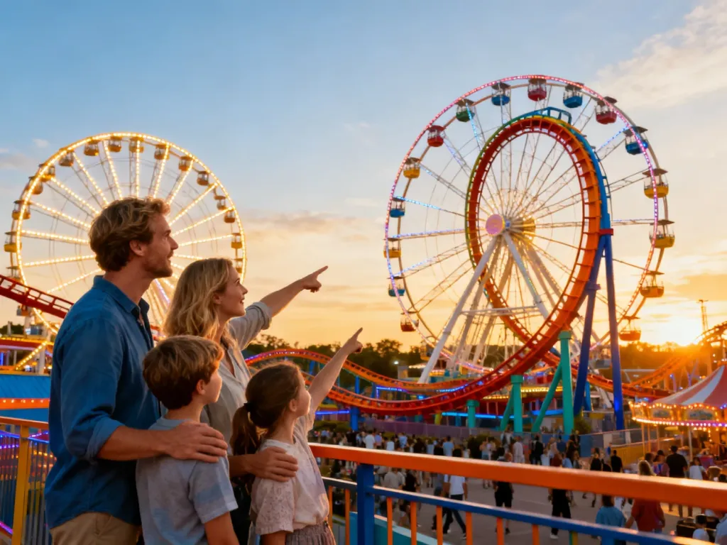 Szczęśliwa rodzina wskazuje na kolorowy rollercoaster w nowoczesnym parku rozrywki podczas zachodu słońca.