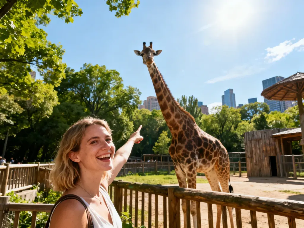 Uśmiechnięta kobieta wskazuje żyrafę na wybiegu w krakowskim ogrodzie zoologicznym w otoczeniu zieleni.