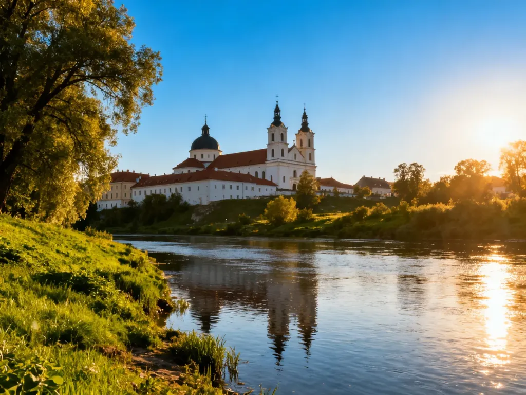 Historyczny klasztor paulinów w Wieruszowie malowniczo położony nad brzegiem spokojnej rzeki Prosny w świetle zachodzącego słońca.