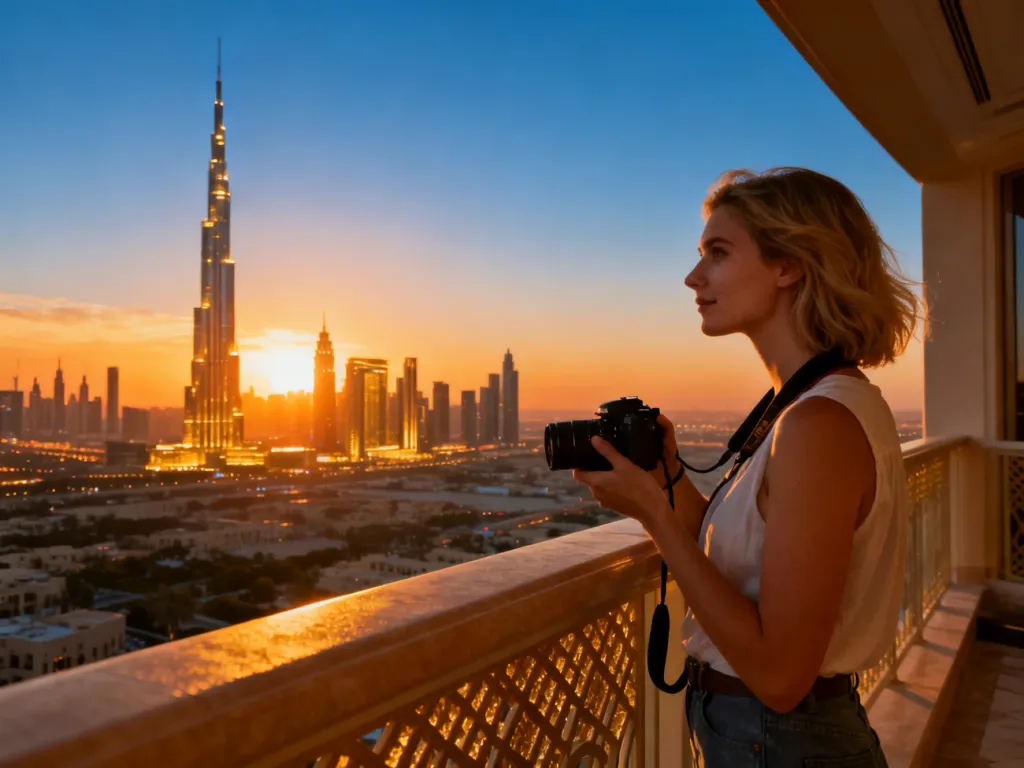 Turystka z aparatem na balkonie z widokiem na panoramę Dubaju i Burj Khalifa podczas zachodu słońca.