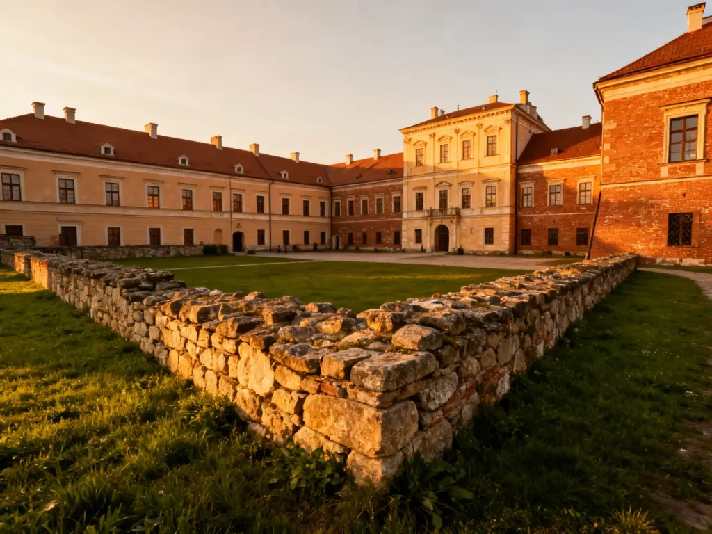 Dziedziniec Zamku Janów Podlaski w blasku zachodzącego słońca, podkreślający zabytkową architekturę i zadbany teren.