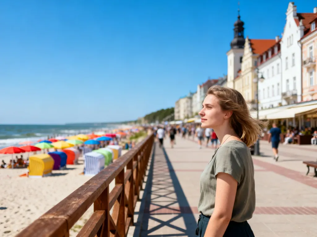 Słoneczna promenada w Ustce z widokiem na morze i spacerującymi turystami w słoneczny dzień.