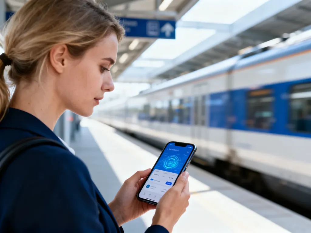 Kobieta na peronie sprawdza bilet w aplikacji mobilnej na smartfonie, przygotowując się do podróży pociągiem.