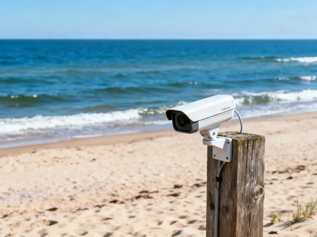 Kamera monitorująca na drewnianym słupie z widokiem na słoneczną plażę i spokojne morze w miejscowości Chłopy.