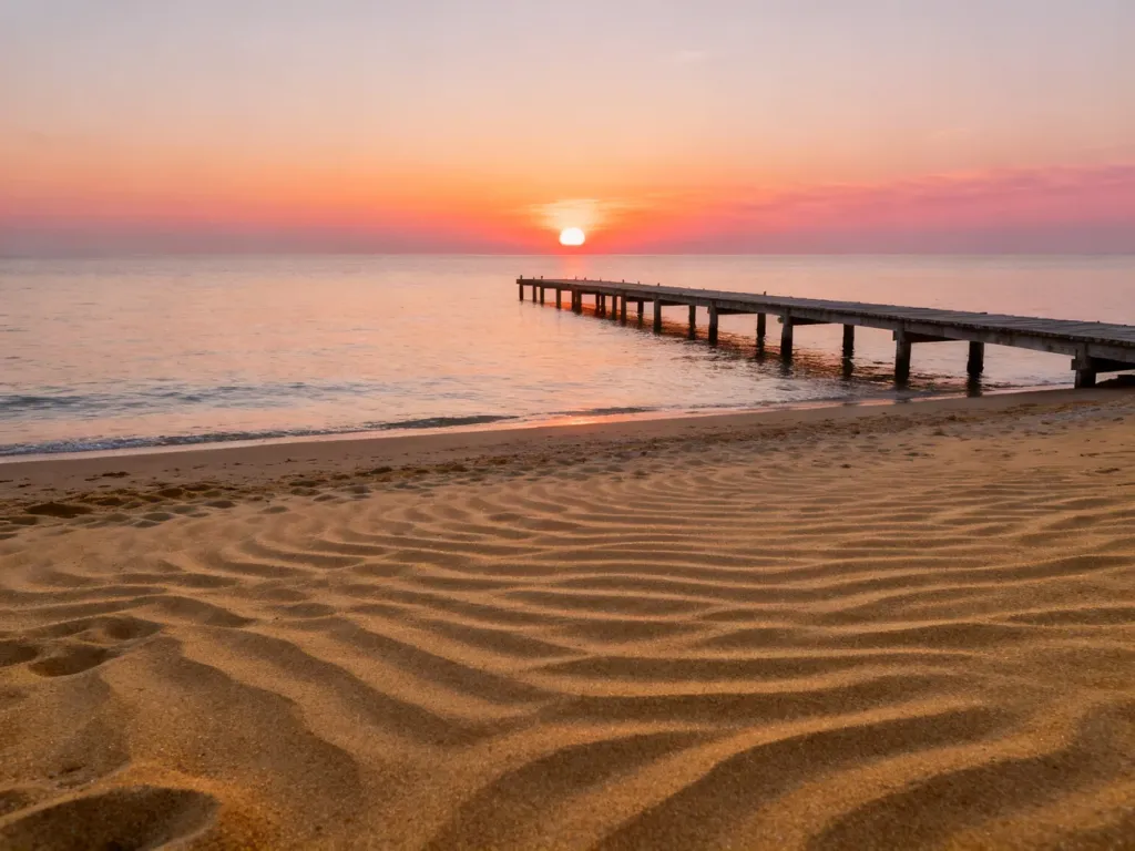 Wschód słońca nad piaszczystą plażą w Jantarze z widokiem na spokojne morze i drewniane molo.