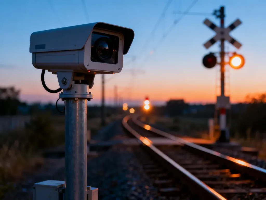 Nowoczesna kamera monitoringu przy przejeździe kolejowym o zmierzchu, rejestrująca ruch w pobliżu torowiska.