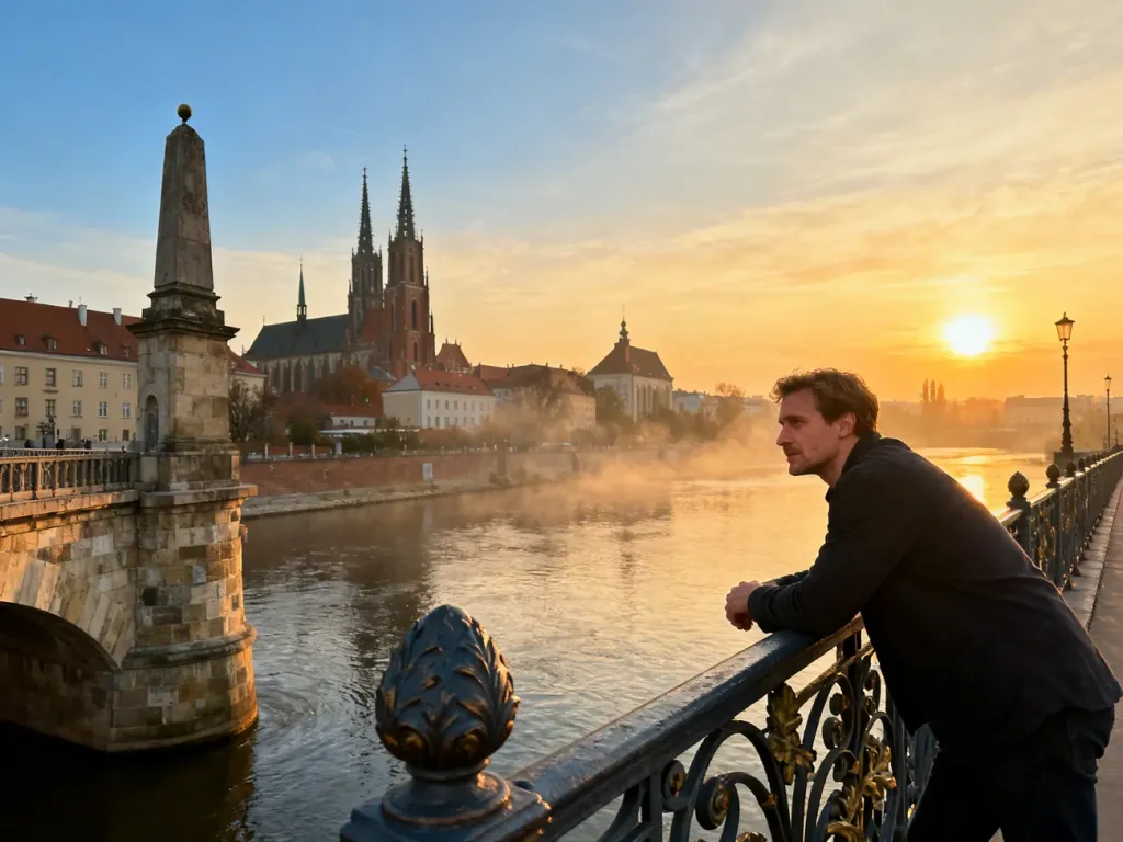 Mężczyzna opierający się o balustradę kamiennego mostu we Wrocławiu na tle zabytkowej architektury podczas zachodu słońca.