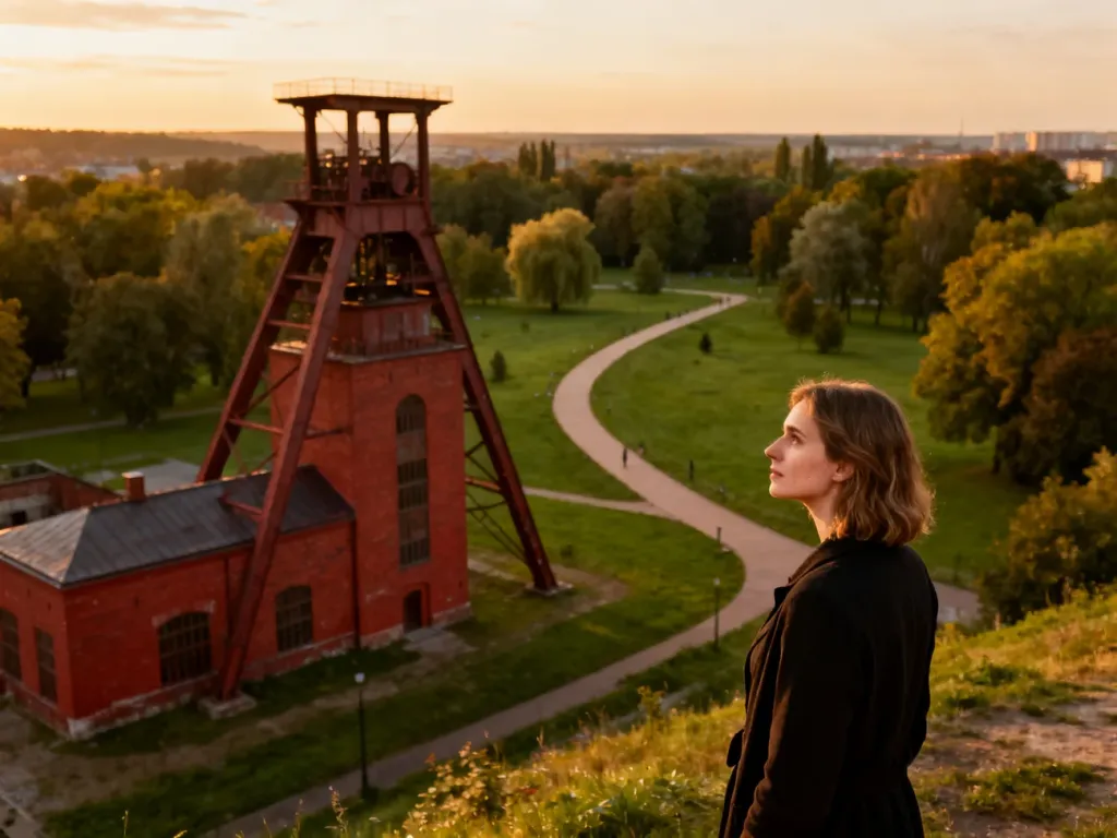 Kobieta podziwiająca zabytkowy obiekt industrialny z czerwonej cegły w otoczeniu zielonego parku na Śląsku podczas złotej godziny.