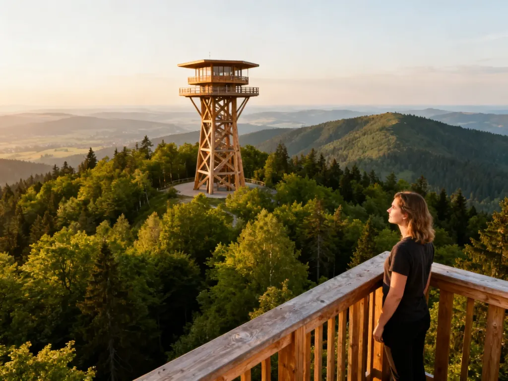 Drewniana wieża widokowa w Krynicy-Zdroju otoczona zielonym lasem Beskidów z turystką podziwiającą panoramę gór.