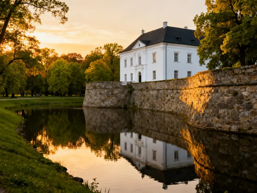 Renesansowy zamek na wodzie w Wojnowicach otoczony fosą w blasku zachodzącego słońca.